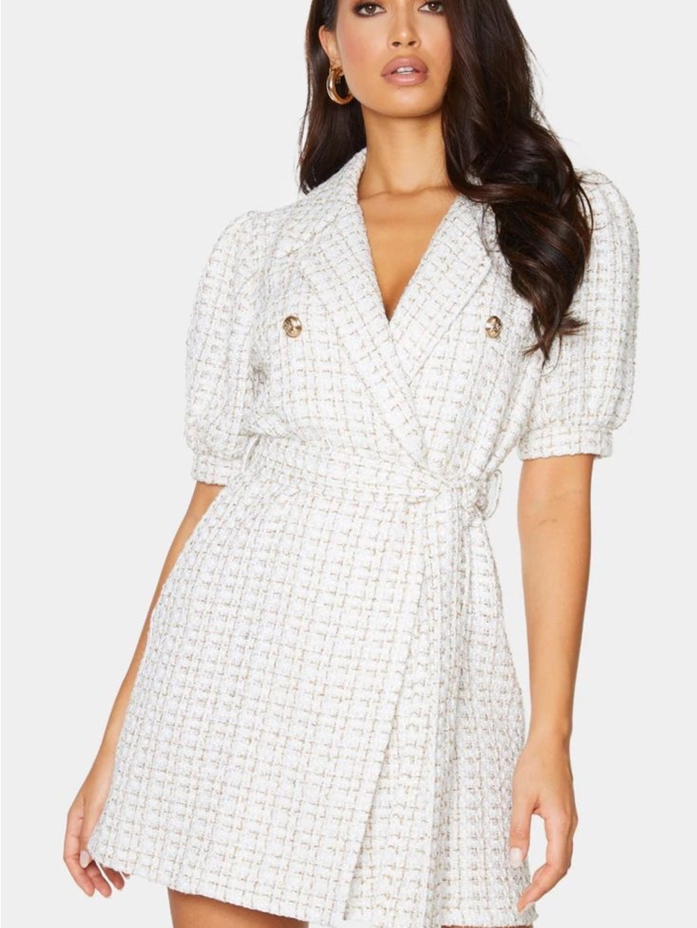 PrettyLittleThing Cream Tweed Wrap Mini Dress with Gold Buttons